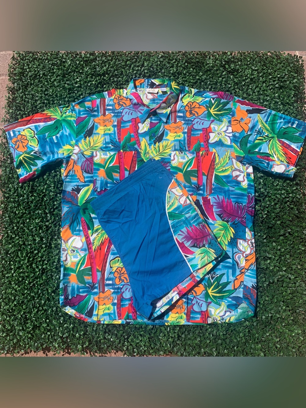 Amazing vintage GOTTEX tropical shirt & swim trunks set — needs elastic repair